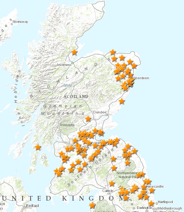 Map 1. Distribution of British steadings historically named Sunnyside, uncertain locations not included. Map produced in ArcGis. © Crown Copyright and Landmark Information Group Limited 2020.  All rights reserved. (c.1583-1614 to 1922).   