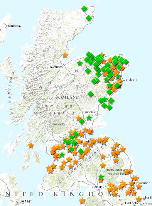 Map 5. Combined distribution of Sunnyside (orange stars), ‘Sunnyside of X’ (orange diamonds), Green(s (green stars), and ‘Greens of X’ (green diamonds). Map produced in ArcGis. © Crown Copyright and Landmark Information Group Limited 2020.  All rights res