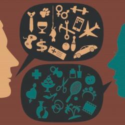 Graphic showing profile of a man and a woman talking