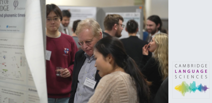 Advisory Board member Stephen Levinson talking to delegate at the Language Sciences Symposium