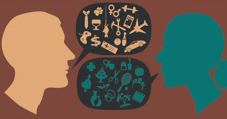 Graphic showing profile of a man and a woman talking